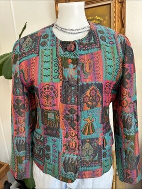 Vintage-Inspired Teal & Coral Patterned Women's Jacket